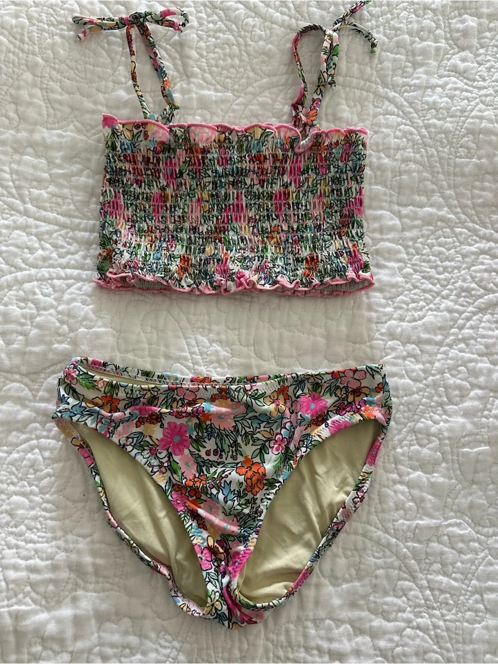 Shade Critters Smocked Floral Bikini Set in Pink & Green size 7
